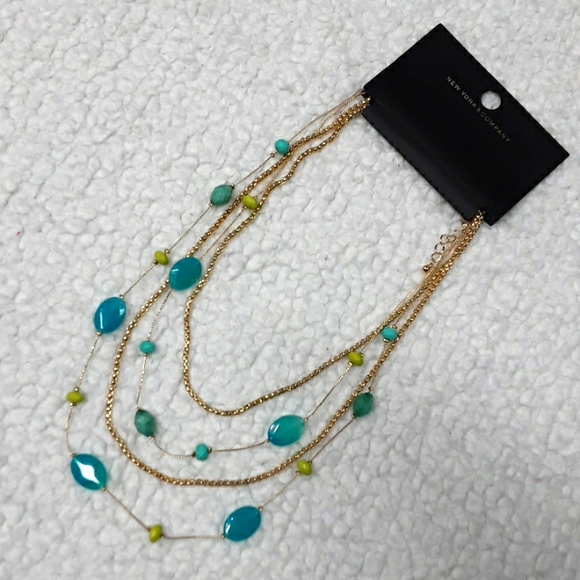 NWT New York & Company Necklace Quadruple Layer Single Fastener Gold Blue Green - Picture 2 of 9